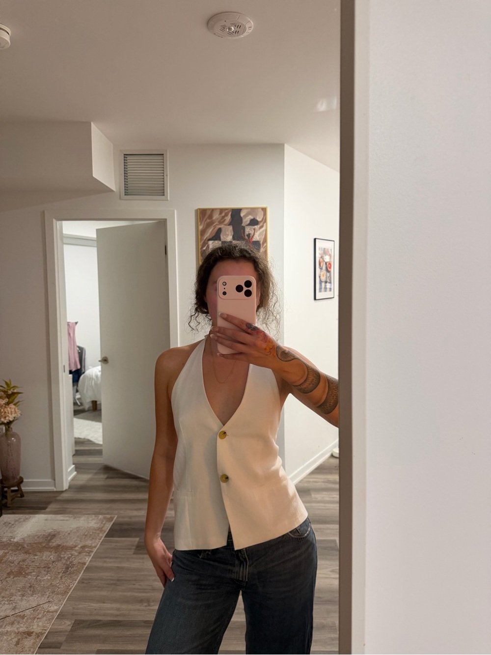 Sleeveless Halter backless Button-Front Top in Cream
